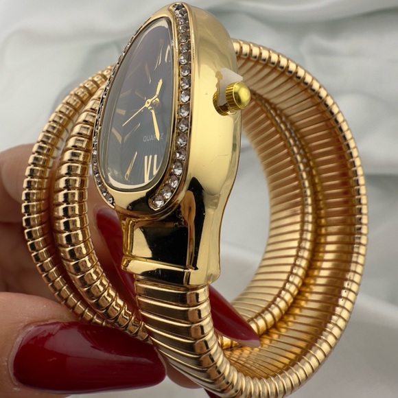 Serpentine Gold Snake Coil Wrap Watch - Crystal-Embellished Statement Watch - Picture 7 of 8